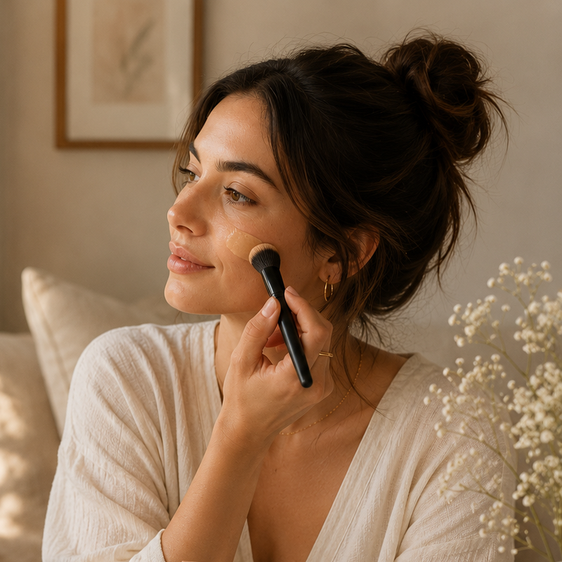 Woman applying clean organic foundation during a soft morning beauty routine with BaeBlu Beauty products.