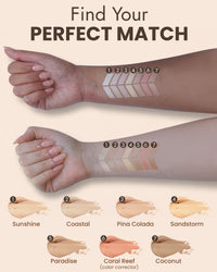 A shade chart for the BaeBlu concealer showing two different colored arms, with each color of concealer labeled. The top is labeled 'Find Your Perfect Match.'