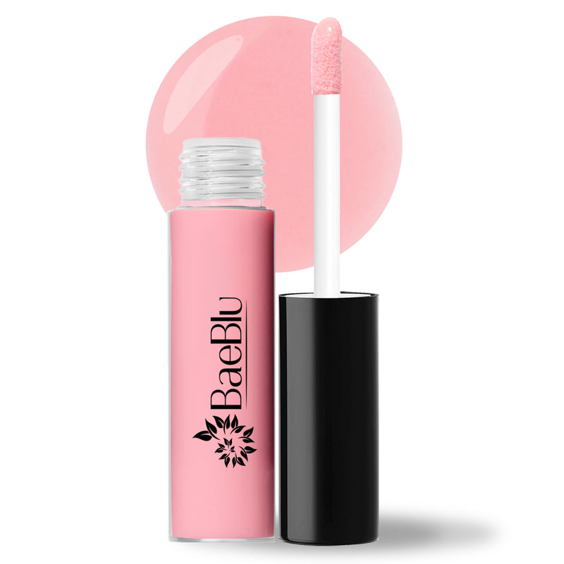BaeBlu liquid gloss in the color DewBerry, with the applicator open and stood next to the bottle, and the shade of the gloss illuminated behind the open bottle in a circular shape. 