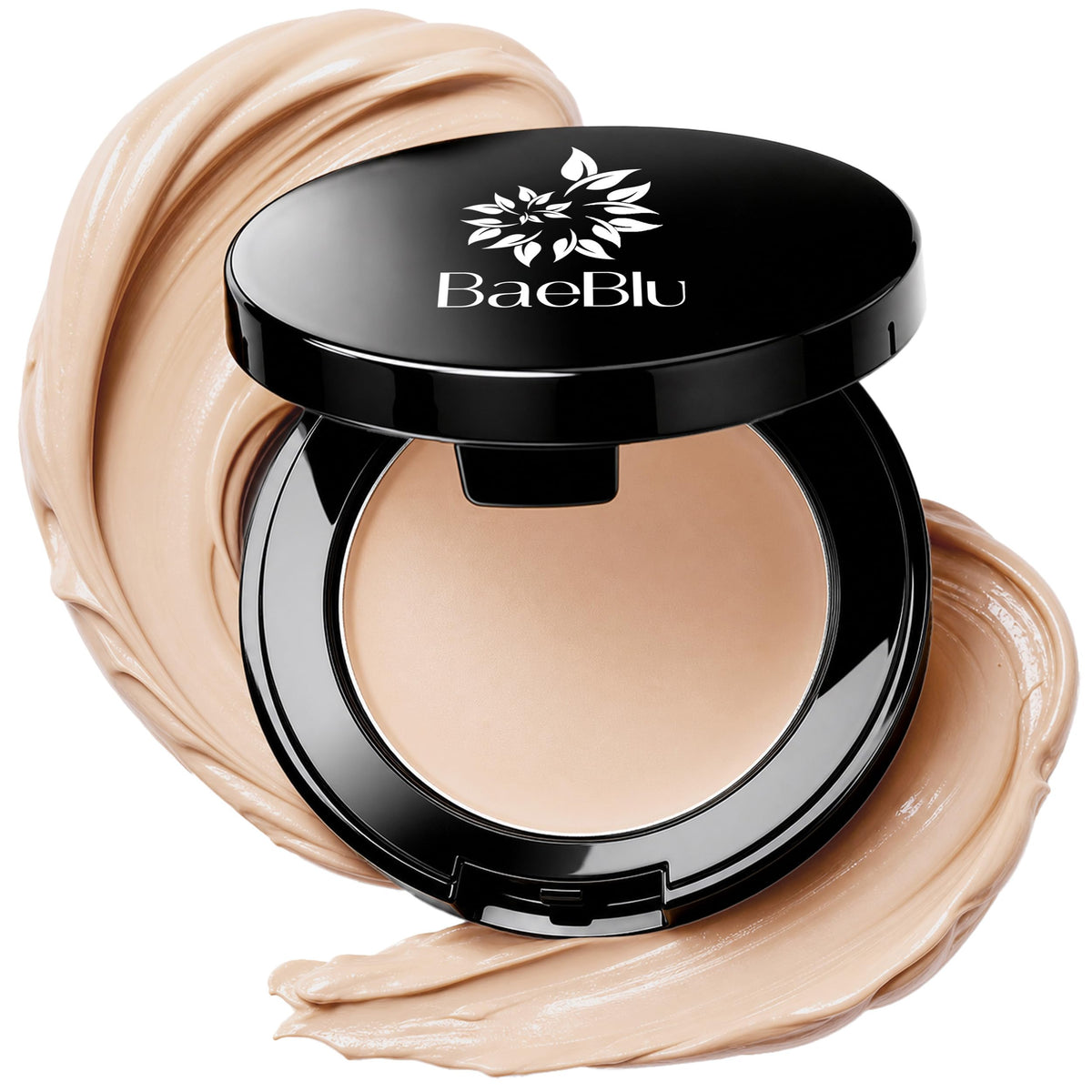An open black BaeBlu concealer compact with a beige concealer inside, surrounded by decorative swirled makeup smears on a white background.