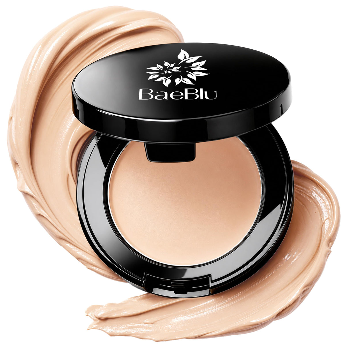 An open black BaeBlu concealer compact with a beige concealer inside, surrounded by decorative swirled makeup smears on a white background.