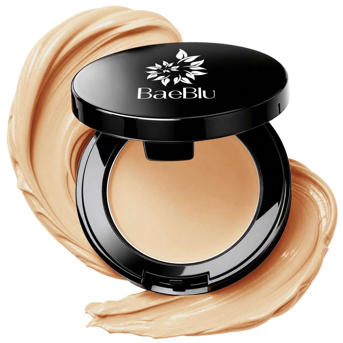 An open black BaeBlu concealer compact with a beige/yellow concealer inside, surrounded by decorative swirled makeup smears on a white background.