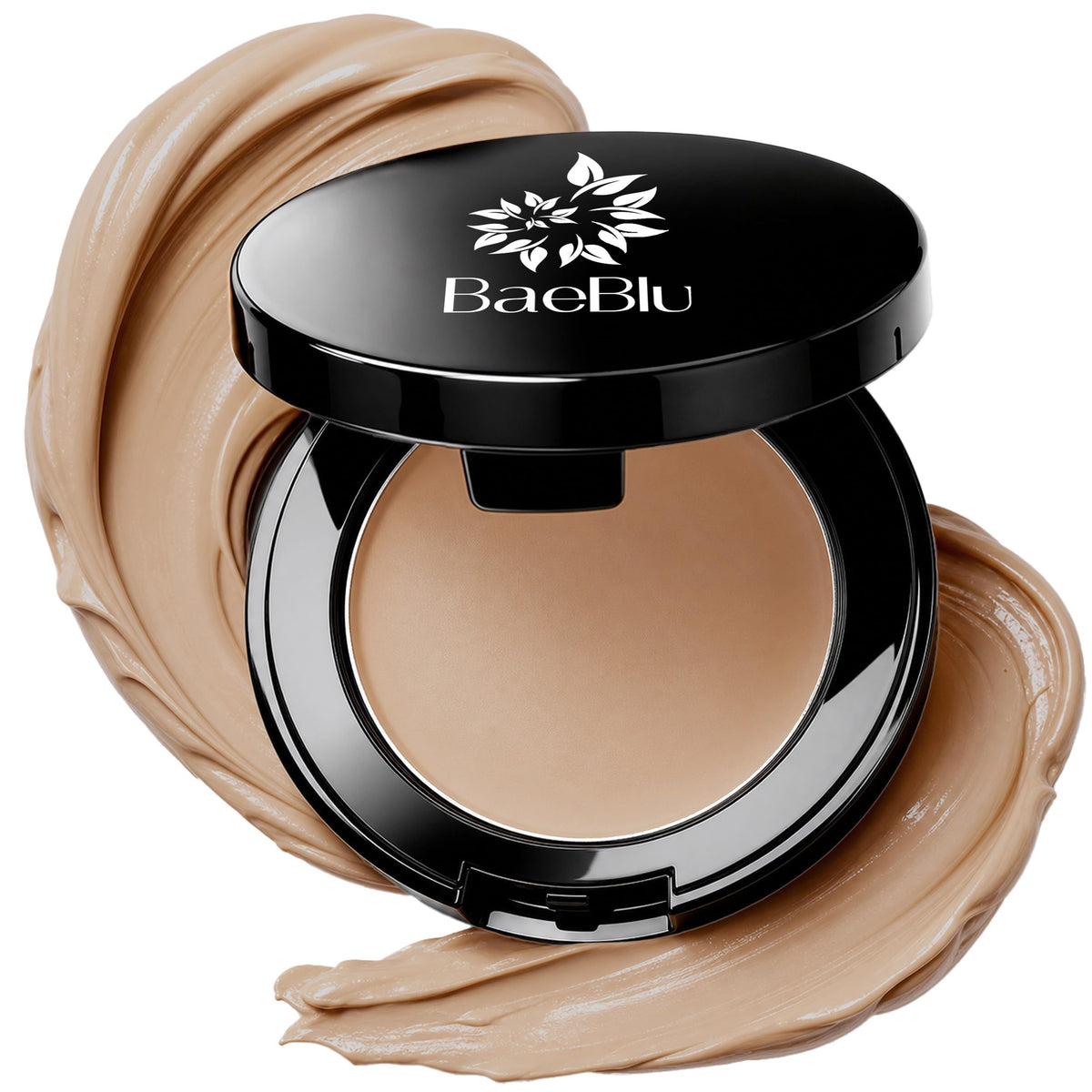 An open black BaeBlu concealer compact with a beige concealer inside, surrounded by decorative swirled makeup smears on a white background.