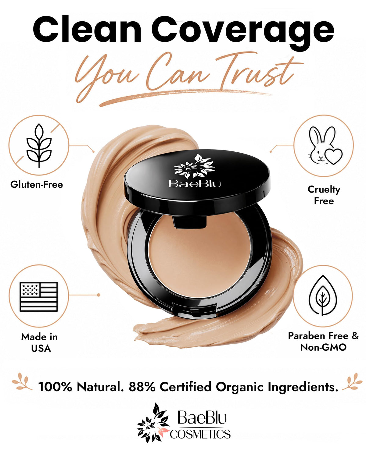BaeBlu concealer compact shown on a white background with marketing text and icons for gluten-free, cruelty free, made in USA, and paraben-free non-GMO claims.