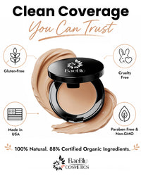 BaeBlu concealer compact shown on a white background with marketing text and icons for gluten-free, cruelty free, made in USA, and paraben-free non-GMO claims.