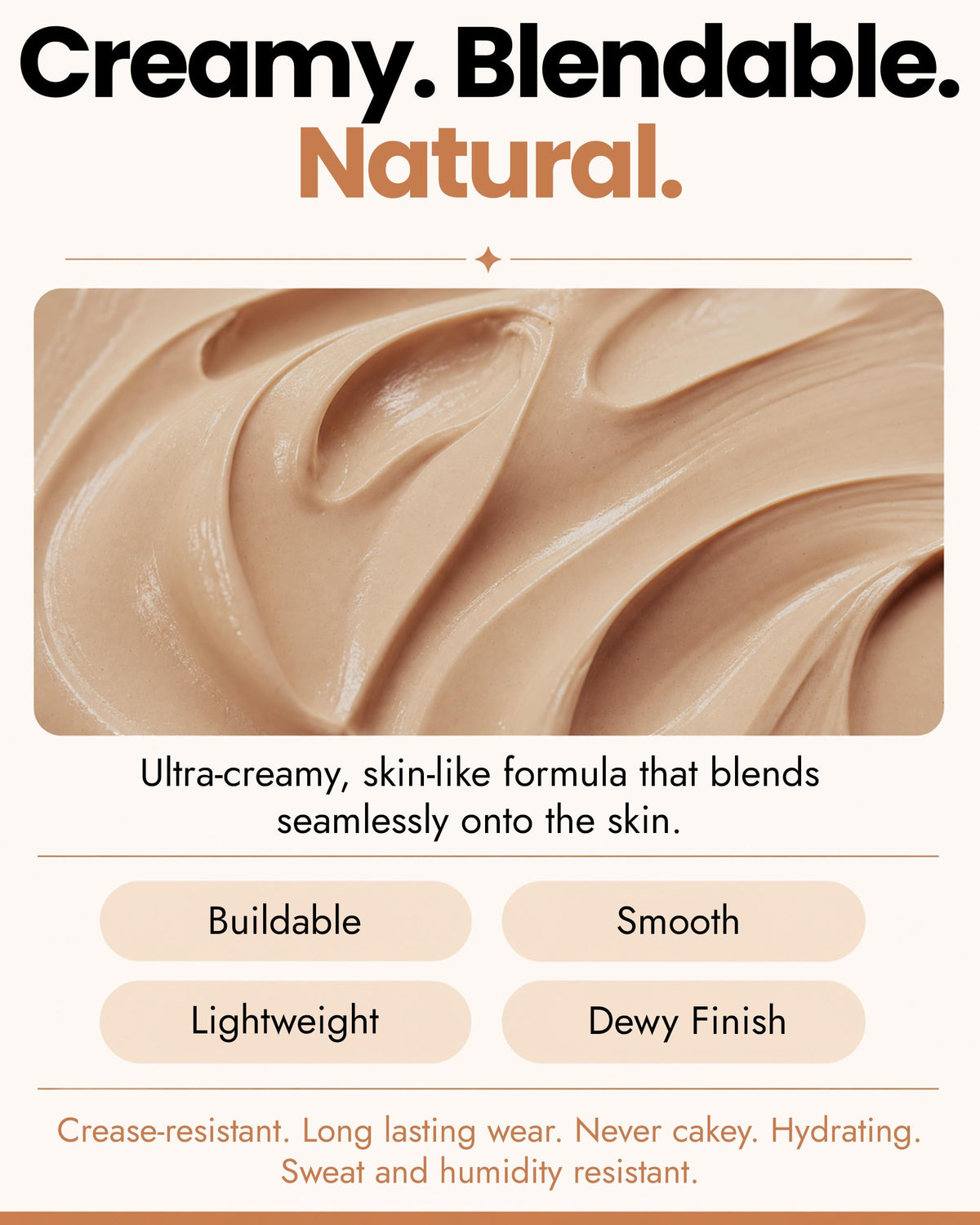 A cosmetic texture graphic for a cream concealer formula. The top text reads 'Creamy. Blendable. Natural.'