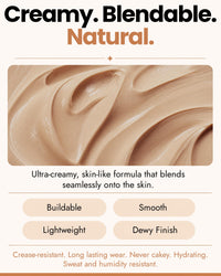 A cosmetic texture graphic for a cream concealer formula. The top text reads 'Creamy. Blendable. Natural.'