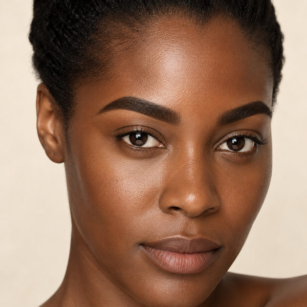 A close-up portrait of a woman with a warm medium-dark brown complexion, styled with a clean, natural makeup look and dark hair pulled back, set against a solid light beige background.
