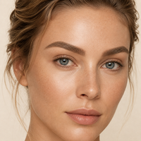 Close-up portrait of a woman with natural skin texture, blue eyes, and light brown hair pulled back, shown against a soft beige background.